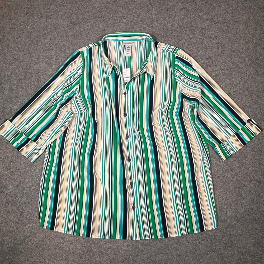 Catherines Womens 1X Green Striped Button Front Short Sleeve Blouse Plus Size